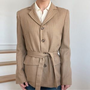 Oscar De La Renta 100% Wool Tie Front Neutral Beige Cream Belted Blazer Jacket